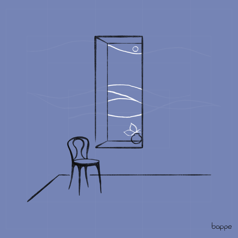 Illustration of a chair beside a tall alcove in a blue room