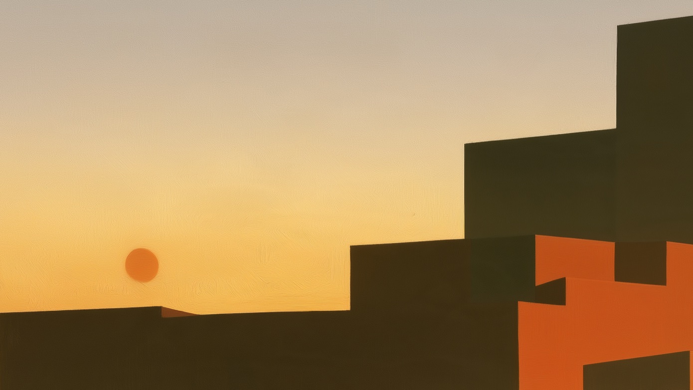 An orange sunset over flat rooftops rendered as dark green and orange blocks
